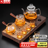 功夫玻璃茶具套装家用一体电陶炉煮茶器茶盘整套茶台三合一养生花茶壶烧水壶加厚耐热泡茶壶 悦(一体炉盘/胡)进水壶+8头(直觉梯形)+六色把