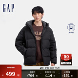 Gap男装徽章logo抽绳立领连帽羽绒服纯色外套677652 黑色 L (175/96A) 亚洲尺码