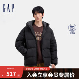 Gap男装徽章logo抽绳立领连帽羽绒服纯色外套677652 黑色 L (175/96A) 亚洲尺码