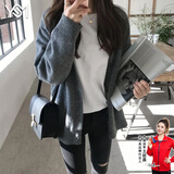 翊尚美中长款针织衫开衫外套女春秋学生长袖上衣新款宽松显瘦慵懒风毛衣 青木灰色【无口袋加厚款】 均码 【适合80-140斤】