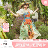 两三事油画风连衣裙女秋季梵高碎花法式高腰裙子收腰显瘦众星捧月 花色 M