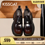 KISSCAT接吻猫女鞋[奥利奥]厚底乐福鞋女秋冬季新款百搭系带JK真皮小皮鞋 黑擦红棕色 35