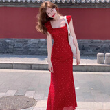 妙奕嘉新中式红色碎花连衣裙红裙子女夏季女装2026新款海边沙滩长裙草原 红色波点甜美木耳边方领连衣裙 L 【建议80-110斤】