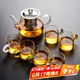 瓷牌茗茶具（cipaiming teaset） 透明玻璃茶具整套套装家用功夫茶壶茶杯会客泡茶器 透明把《八骏壶》6彩把杯