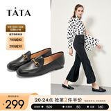 他她（TATA）方头乐福鞋女休闲平底一脚蹬小皮鞋女单鞋春秋款FLC22AM4 黑色 34