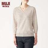 无印良品 MUJI 女式 法国亚麻 V领针织衫 BAC70A0S 米色 L