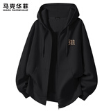 马克华菲开衫卫衣外套男生春秋330G重磅连帽基础款拉链上衣服 黑 XL