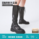 Semir官方正品时装靴女靴春秋季新款潮流休闲高帮系带机车靴长筒靴女 黑色 35