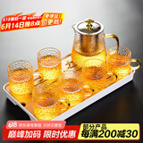 瓷牌茗茶具（cipaiming teaset） 透明玻璃茶具整套套装家用功夫茶壶茶杯会客泡茶器 金盖雅致锤纹杯7件套+小长方盘