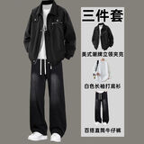 星宿摇（xingsuyao）美式复古工装夹克套装男青少年一整套搭配牛仔裤男装潮流三件套棉 H466黑色+白长T+K21牛仔裤黑色 L 【建议100-115斤c