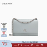 Calvin Klein小众单肩包礼物荔枝纹包包金属搭扣链条翻盖CK女包斜挎包DH2806 PC6-灰蓝色 OS