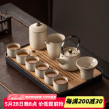 瓷牌茗茶具 汝窑茶具套装茶壶盖碗茶杯整套家用开片功夫茶具办公茶盘小套组 御煌提梁壶六杯10件+茶叶罐茶盘