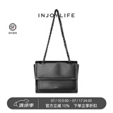 INJOYLIFE流浪包小众软皮通勤包机车大容量单肩包双链条女包牛皮方包 黑色