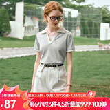 Olrain欧芮儿美式复古短袖T恤女夏季女装撞色polo领上衣衣服polo衫 花灰色 M