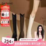 达芙妮厚底V口长筒靴女2024秋冬新款女靴高筒靴显瘦百搭增高骑士靴子女 黑色【加绒款】 37