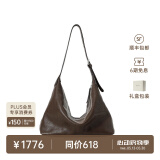 裘真【明星推荐】经典hobo包植鞣牛皮腋下通勤休闲饺子女包 咖啡色-大号 小包/大包