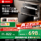优盟（UM）消毒柜家用 嵌入式消毒碗柜小型厨房三层毛巾婴儿碗筷餐具奶瓶高温紫外线臭氧碗柜厨房柜 二星级 120L 三抽不锈钢一体碗架330D
