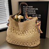 万佳臻大容量草编包包女2025七夕夏天海边度假编织包彩带单肩通勤托特包 TY2300#草编包【米色/彩虹肩带】