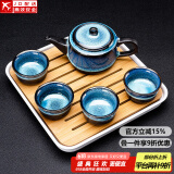 建盏功夫茶具套装家用窑变天目釉茶杯茶壶茶盘陶瓷钧窑沙金泡茶器 5头（兔豪蓝/方圆壶）+小四方（条纹）密胺/白