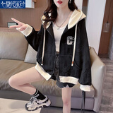 莫代尔连帽卫衣外套女2025春秋冬季新款韩版百搭宽松短款小个子上衣女装 黑色（不） 加绒 XL