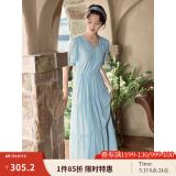 茵曼（INMAN）法式薄荷曼波连衣裙2024夏女装新品V领灯笼袖抽绳 绀蓝色 S
