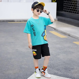 界方洋气小孩夏天穿的纯棉童装男孩夏季男童短袖中大童夏款衣服 湖绿色 纯棉两件套 160