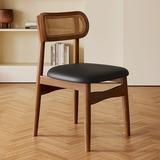 致喜中古风实木餐椅法式复古休闲酒店藤编椅子靠背椅家用软包餐桌凳子 胡桃色实木框架+黑色皮面