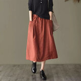 Lauaird 棉麻半身裙女2023夏季新款休闲宽松文艺高腰百搭纯色显瘦中长款 焦糖色  L 【建议120斤以内】