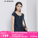 S.DEER圣迪奥女装夏素雅简约镂空绣花斜摆短袖内搭白色T恤S192A0197 炭黑蓝/94 L/170