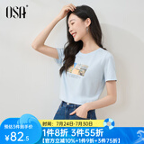 欧莎（OSA）白色短款T恤女士夏季新款衣服短袖印花显瘦正肩上衣体恤修身 浅蓝色 L