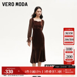 VEROMODA连衣裙2024秋季女装新款天鹅绒拼接网纱鱼尾长裙钻石领东方简奢风 纱袖丝绒裙-苛热棕色 M