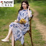 啄木鸟文艺范棉麻印花连衣裙夏季长款七分袖改良旗袍裙子宽松民族风裙子 水墨画 L 建议110-125斤