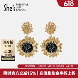 She's茜子梵高向日葵原创手工钉珠矿彩水晶耳环复古耳钉耳饰生日礼物女 金色向日葵D0