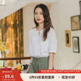 茵曼（INMAN）夏装新款棉短袖衬衣木耳边V领提花肌理文艺田园清爽上衣 纯白色 S