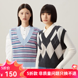 哥弟真的好（GIRDEAR）女装V领拼色提花宽松马甲背心纯羊毛针织衫女A301010 蓝粉条纹 L (4码)