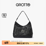 GROTTO个乐黑石hobo大号植鞣绵羊皮腋下单肩斜挎包礼物 经典黑L（银标）