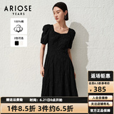 艾诺丝雅诗【商场同款】夏季新品通勤全棉提花方领泡泡袖连衣裙30529018 黑色 L