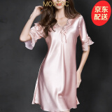 MOXTOC性感睡衣女士冰丝睡裙V领薄款蕾丝宽松显瘦仿真丝家居服可外穿 粉红色 2XL (建议135-150斤)