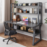 佳家林电脑桌台式家用书桌书柜组合现代简约办公桌子学生写字桌子带书架 【双层置物】黑色140*60cm 单桌