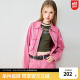 乐町复古休闲工装口袋牛仔外套女2024春季新款落肩宽松夹克上衣 粉色（现货） M