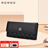 红谷（HONGU）2025新款女士钱包女长款牛皮钱包钱夹长三折女款钱包手包手拿包 黑色