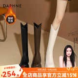 达芙妮厚底V口长筒靴女2024秋冬新款女靴高筒靴显瘦百搭增高骑士靴子女 黑色【加绒款】 38