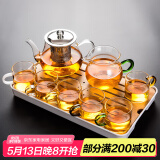 瓷牌茗茶具（cipaiming teaset） 透明玻璃茶具整套套装家用功夫茶壶茶杯会客泡茶器 透明八骏6彩杯+绿柄公杯+小长方