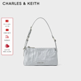 CHARLES&KEITH褶皱油蜡皮斜挎小方包手提包腋下包女士生日礼物CK2-80160183 Grey灰色 S