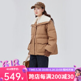 艾莱依（ERAL）翻领羽绒服女新款仿羊羔毛领短款收腰外套冬 奶咖棕 S 155【建议80-110斤】