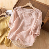 纪柏棉麻女装亚麻夏季女款2025新款国风T恤宽松大码冰丝薄款短袖衬衫 粉色 M 建议【85-105斤】