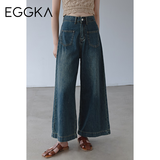 EGGKA 阔腿牛仔裤女高腰春秋新款复古设计感宽松直筒阔腿长裤 深蓝色 E23B1064AG M