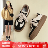 ZHR板鞋女鞋真牛皮复古撞色拼接德训鞋女休闲运动学生时尚百搭鞋子女 米黑色（四季款） 37