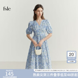 FANSILANEN范思蓝恩法式油画感蓝色碎花显瘦连衣裙夏装短袖V领裙子 白底蓝碎花 M