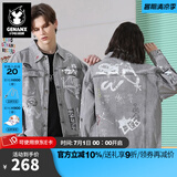 闪电潮牌（GENANX）牛仔外套男春季灰色磨白做旧涂鸦茄克衫街头潮咔纯棉牛仔夹克 灰色 XL